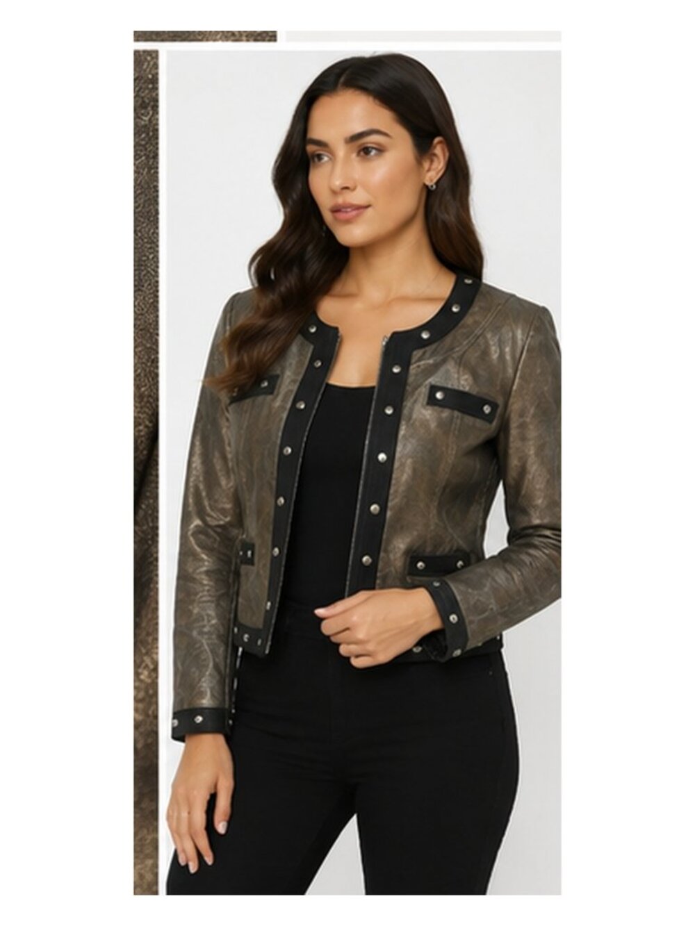W by Worth Metallic Bronze Leather Studded Zip Jacket Size 4
